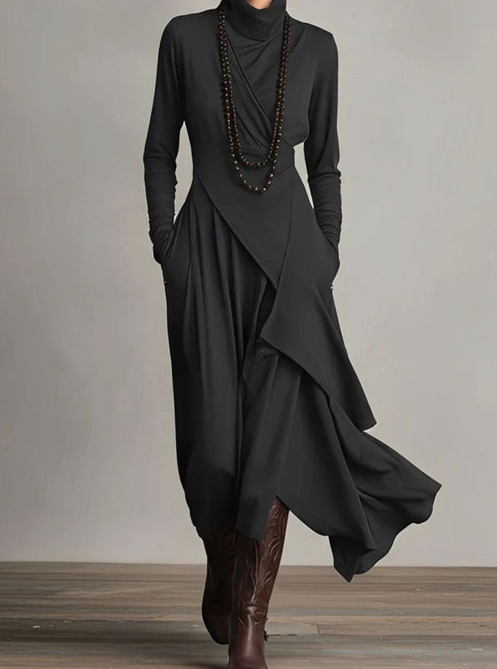 Women's Turtleneck Long Sleeve Asymmetric Layered Maxi Dress - Black