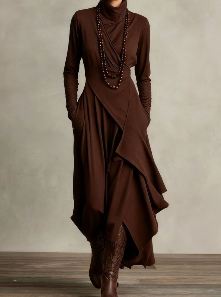 Women's Turtleneck Long Sleeve Asymmetric Layered Maxi Dress - Brown