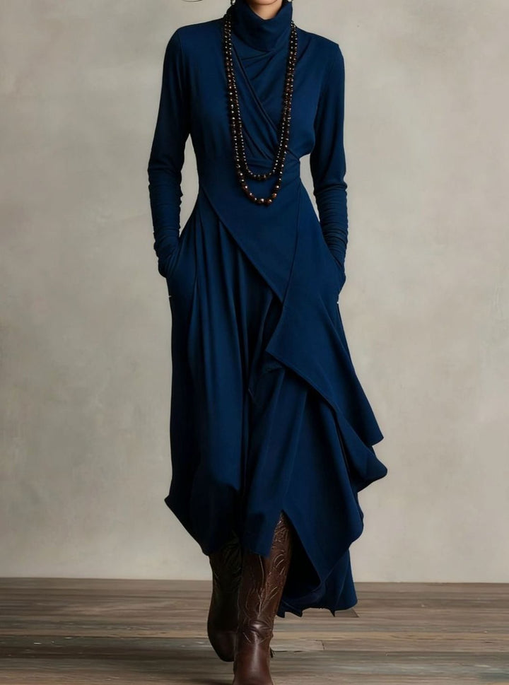 Women's Turtleneck Long Sleeve Asymmetric Layered Maxi Dress - Navy Blue