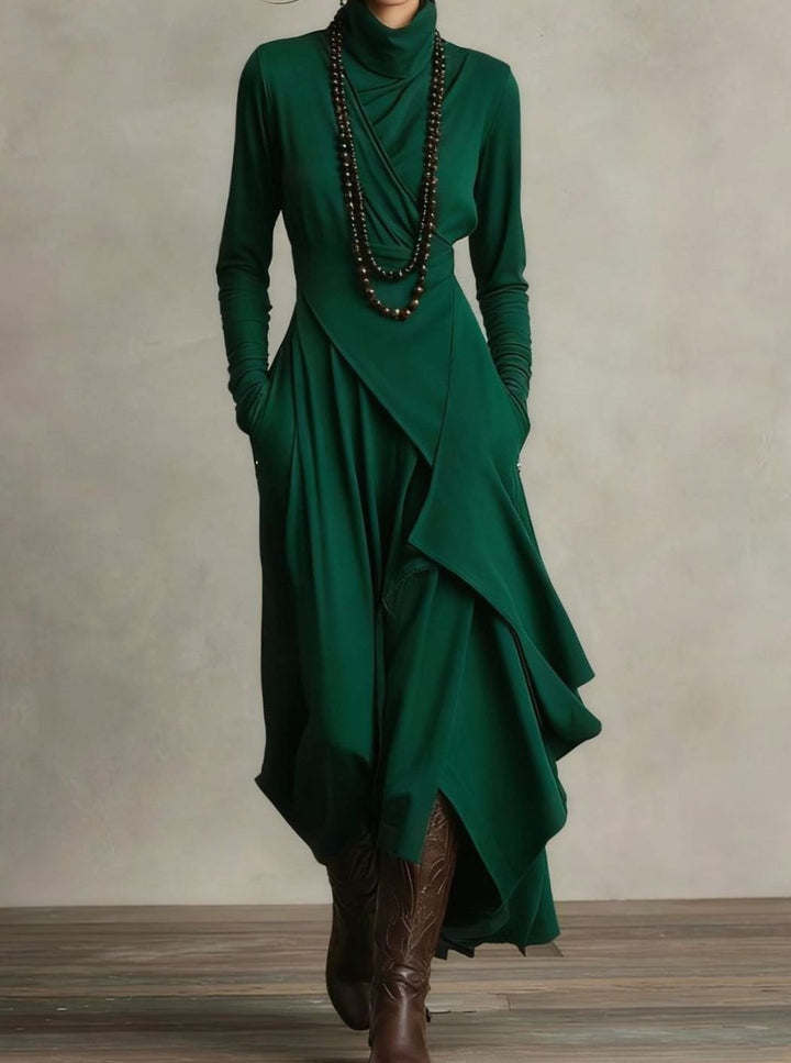 Women's Turtleneck Long Sleeve Asymmetric Layered Maxi Dress - Green
