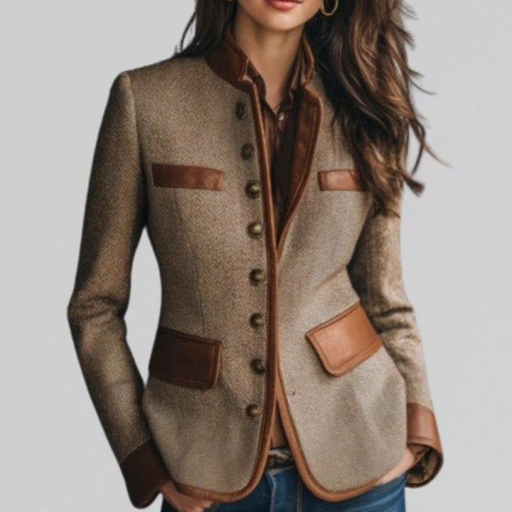 Women's Tweed Blazer Faux-Leather Trim Button-Front Jacket - Brown