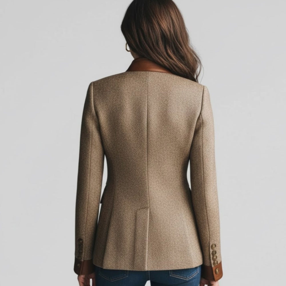 Women's Tweed Blazer Faux-Leather Trim Button-Front Jacket