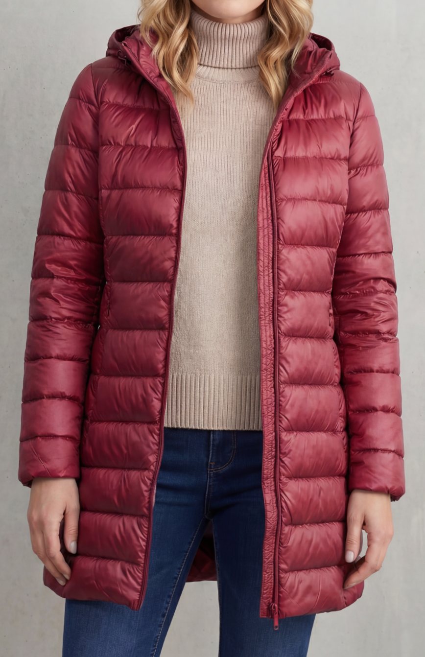 Women's Ultra-Lightweight Hooded Down Puffer Coat - Red