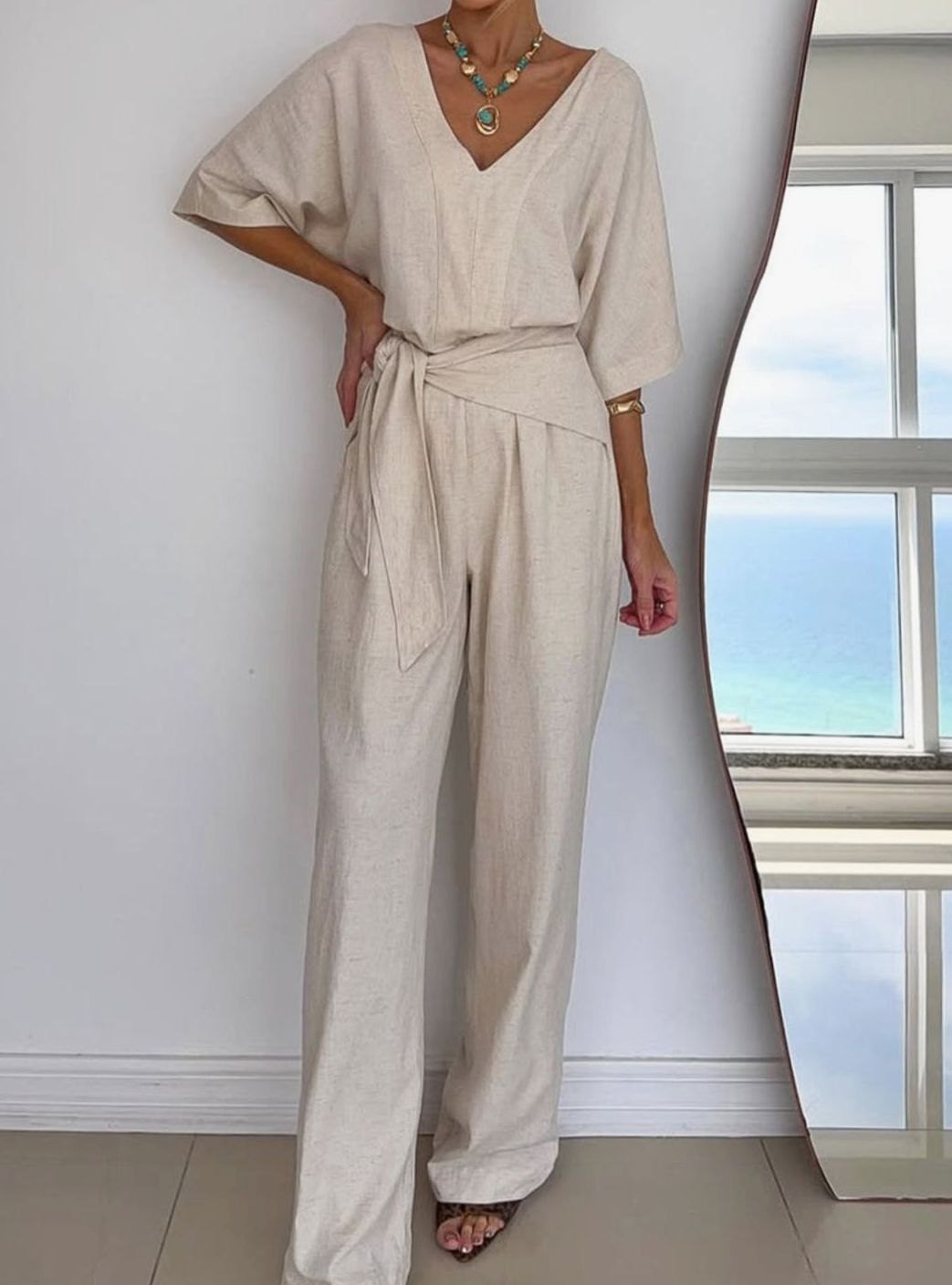 Women's V-Neck Belted Wide-Leg Linen Jumpsuit - Linen