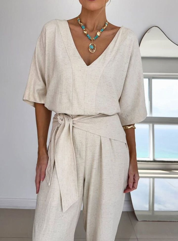 Women's V-Neck Belted Wide-Leg Linen Jumpsuit