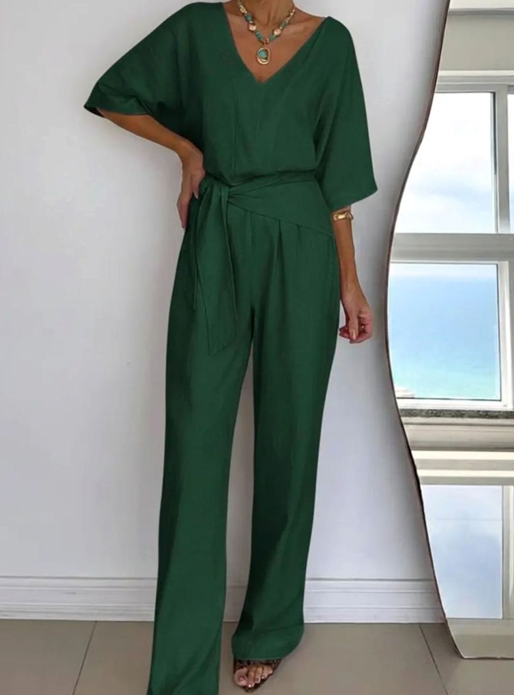 Women's V-Neck Belted Wide-Leg Linen Jumpsuit - Green