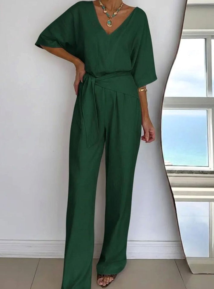 Women's V-Neck Belted Wide-Leg Linen Jumpsuit - Green