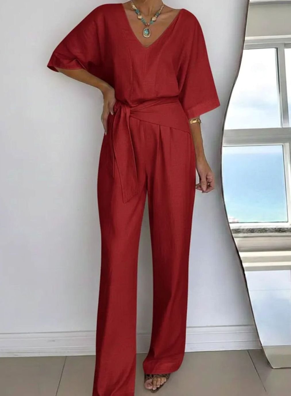 Women's V-Neck Belted Wide-Leg Linen Jumpsuit - Red