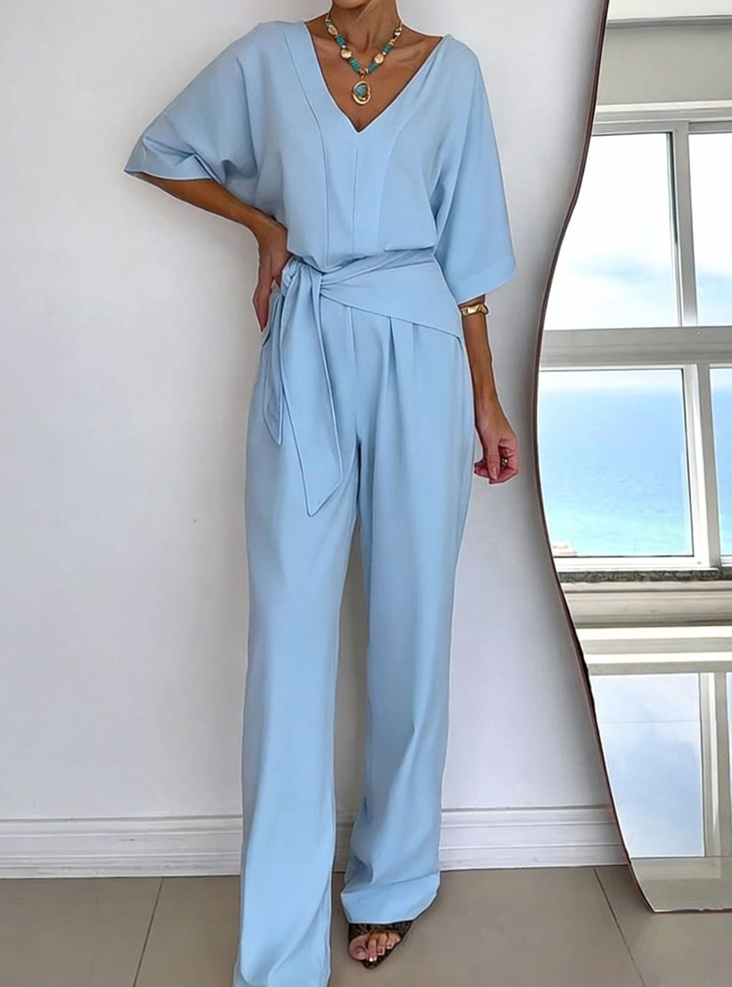 Women's V-Neck Belted Wide-Leg Linen Jumpsuit - Light Blue