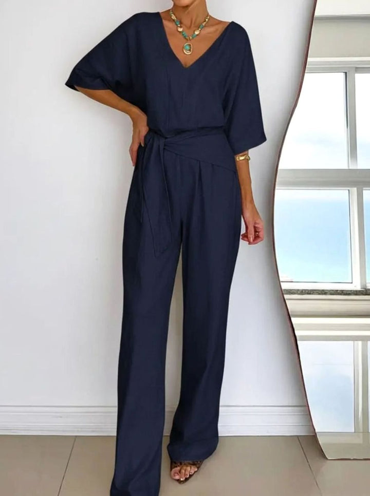 Women's V-Neck Belted Wide-Leg Linen Jumpsuit - Navy Blue