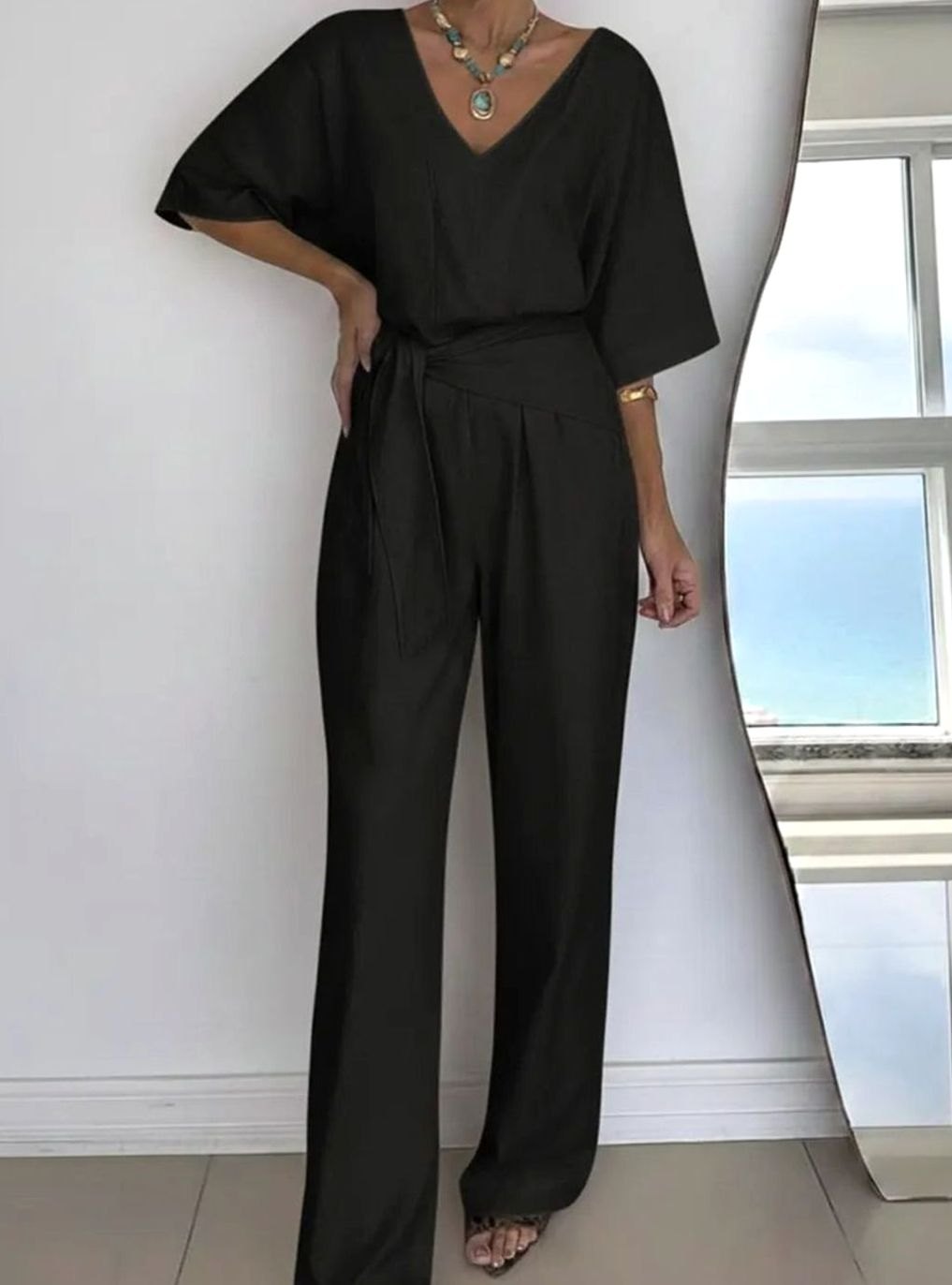 Women's V-Neck Belted Wide-Leg Linen Jumpsuit - Black