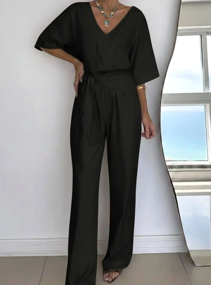 Women's V-Neck Belted Wide-Leg Linen Jumpsuit - Black