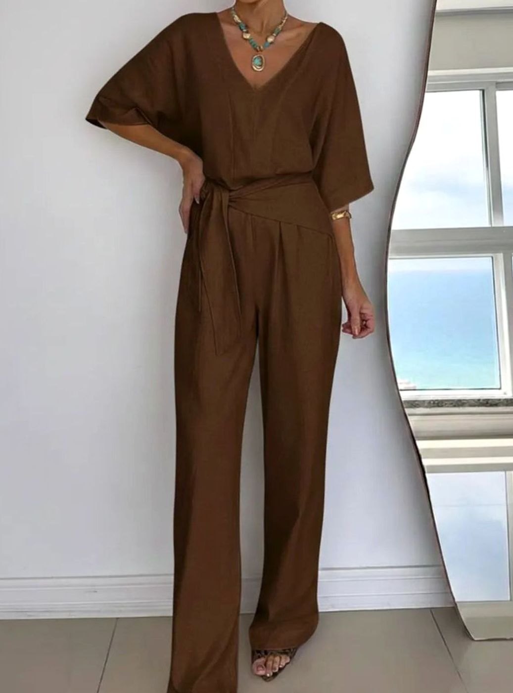 Women's V-Neck Belted Wide-Leg Linen Jumpsuit - Brown
