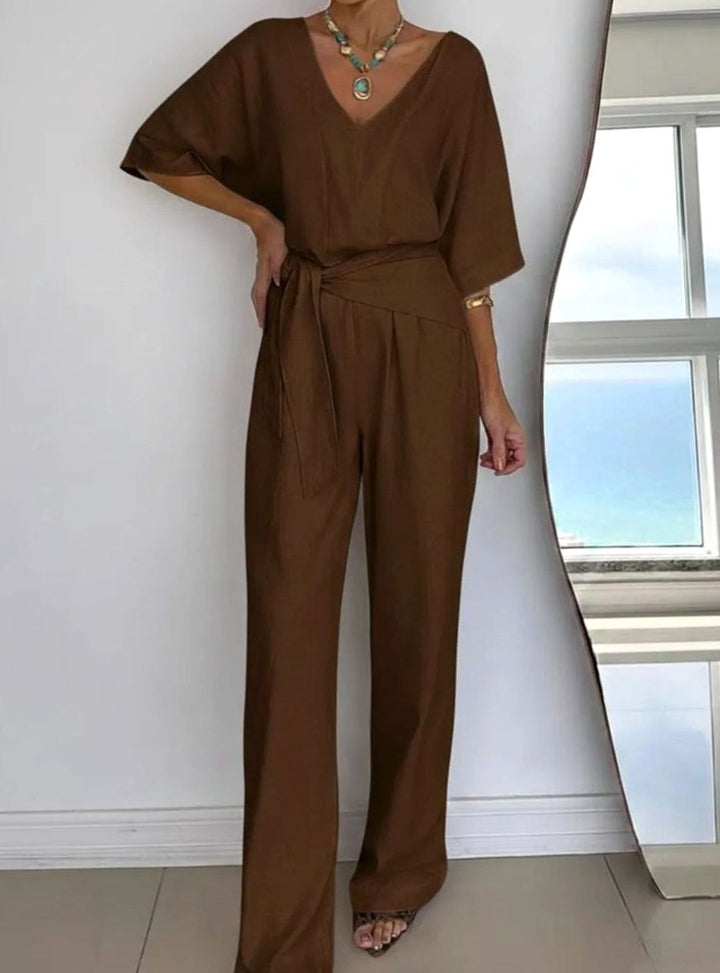 Women's V-Neck Belted Wide-Leg Linen Jumpsuit - Brown