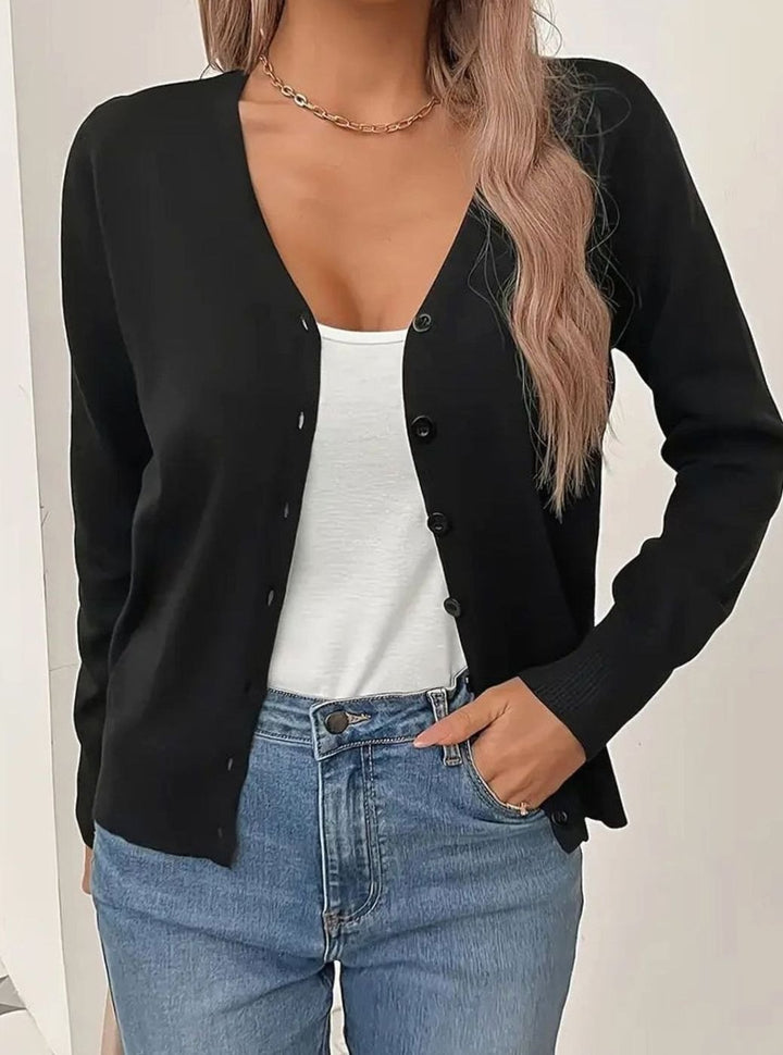 Women's V-Neck Button-Front Long-Sleeve Cardigan Sweater - Black