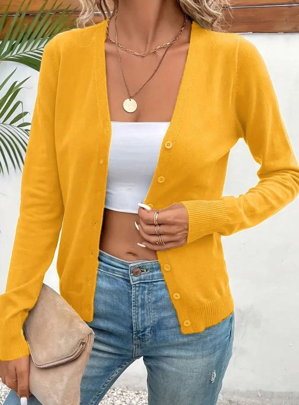 Women's V-Neck Button-Front Long-Sleeve Cardigan Sweater - Yellow