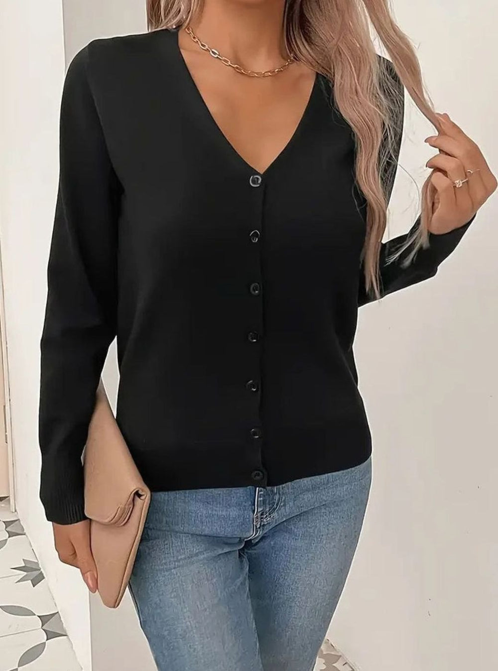 Women's V-Neck Button-Front Long-Sleeve Cardigan Sweater