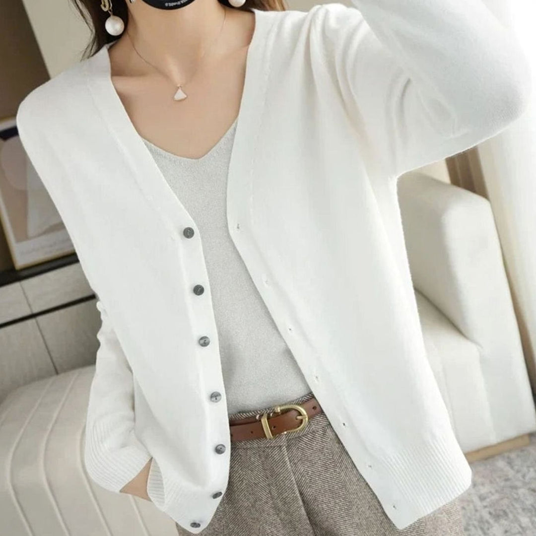 Women's V-Neck Button-Front Long Sleeve Knit Cardigan Sweater - White
