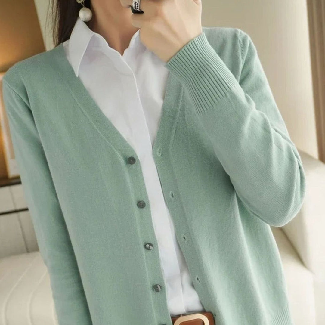 Women's V-Neck Button-Front Long Sleeve Knit Cardigan Sweater - Sage Green