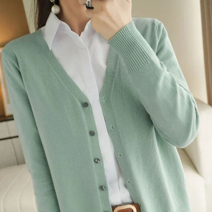 Women's V-Neck Button-Front Long Sleeve Knit Cardigan Sweater - Sage Green