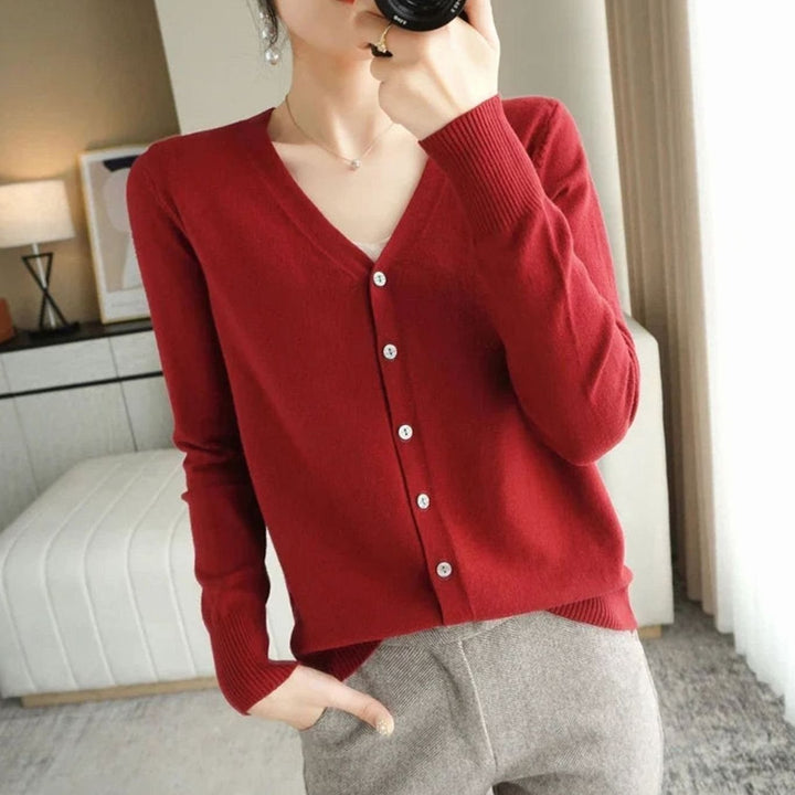 Women's V-Neck Button-Front Long Sleeve Knit Cardigan Sweater - Burgundy