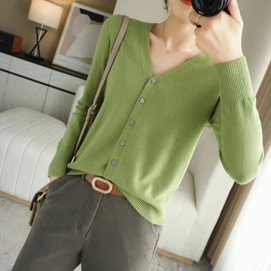Women's V-Neck Button-Front Long Sleeve Knit Cardigan Sweater - Green