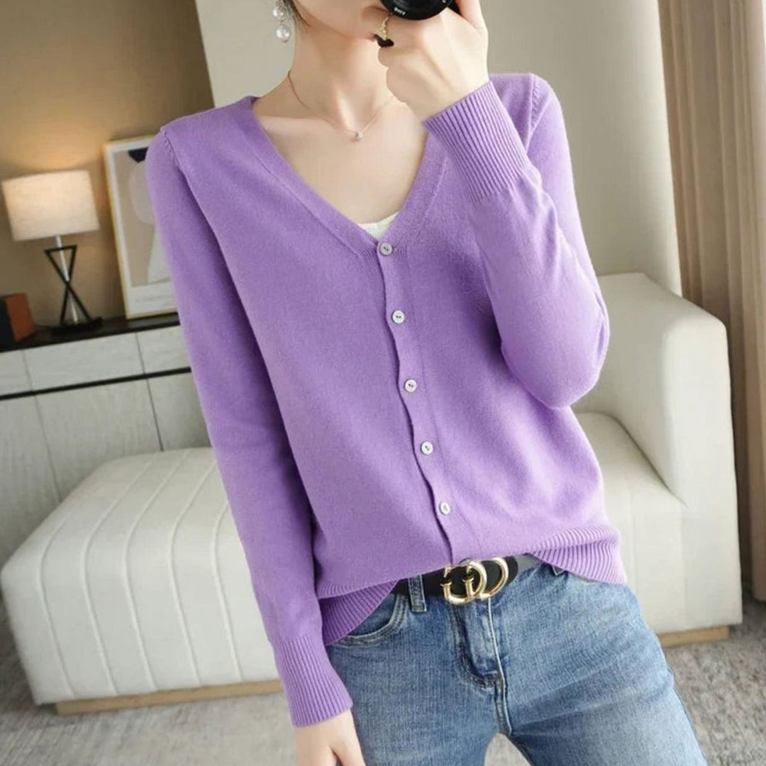 Women's V-Neck Button-Front Long Sleeve Knit Cardigan Sweater - Purple