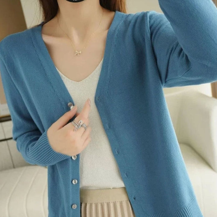 Women's V-Neck Button-Front Long Sleeve Knit Cardigan Sweater - Blue
