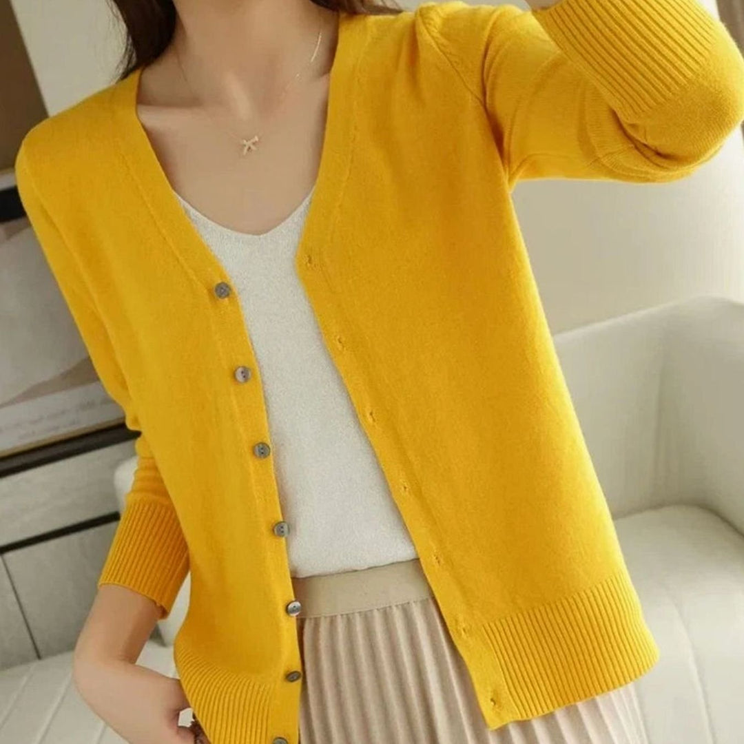 Women's V-Neck Button-Front Long Sleeve Knit Cardigan Sweater - Yellow