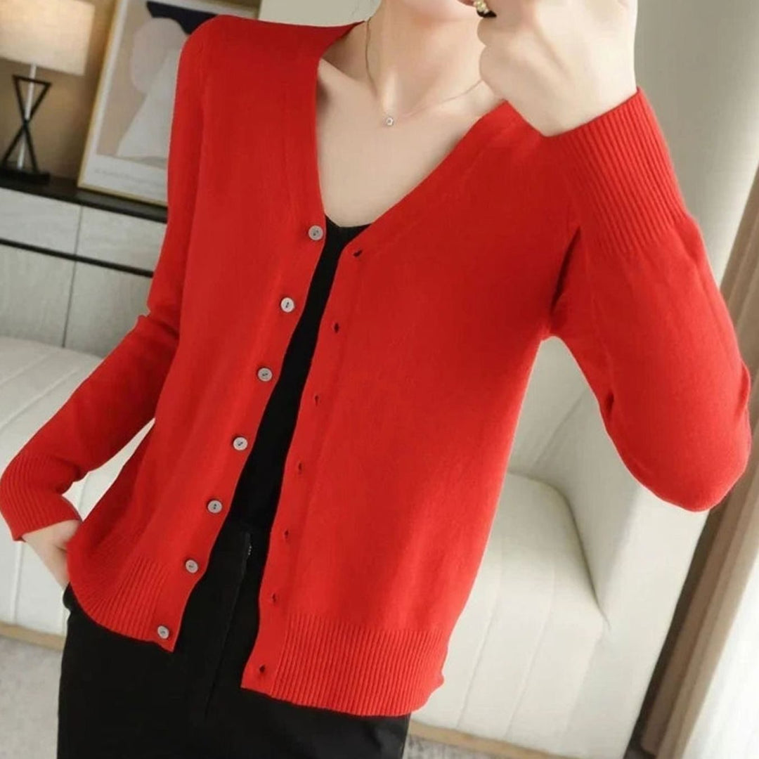 Women's V-Neck Button-Front Long Sleeve Knit Cardigan Sweater - Red