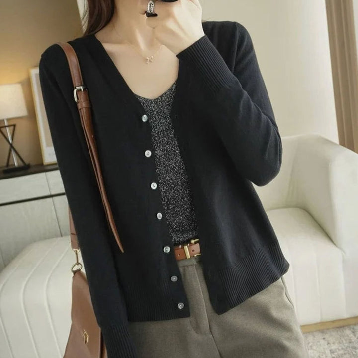 Women's V-Neck Button-Front Long Sleeve Knit Cardigan Sweater - Black