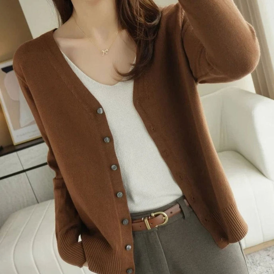 Women's V-Neck Button-Front Long Sleeve Knit Cardigan Sweater - Brown