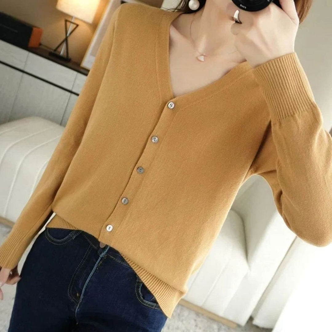 Women's V-Neck Button-Front Long Sleeve Knit Cardigan Sweater - Camel