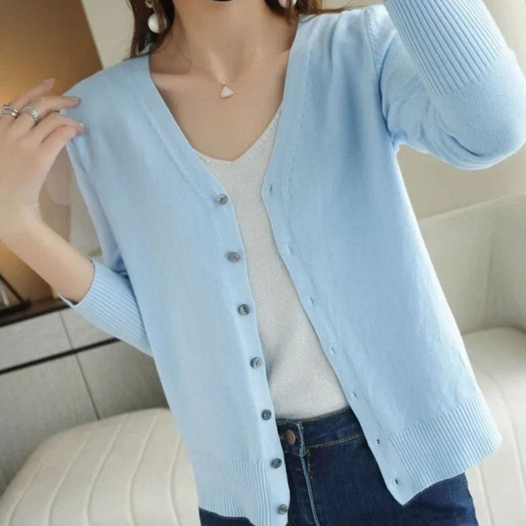 Women's V-Neck Button-Front Long Sleeve Knit Cardigan Sweater - Sky Blue