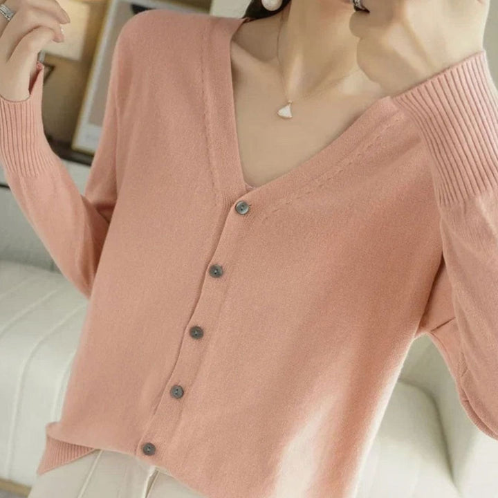 Women's V-Neck Button-Front Long Sleeve Knit Cardigan Sweater - Pink