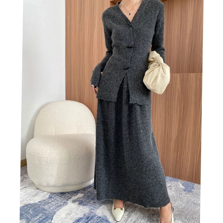 Women's V-Neck Button-Front Long-Sleeve Knit Maxi Sweater Dress