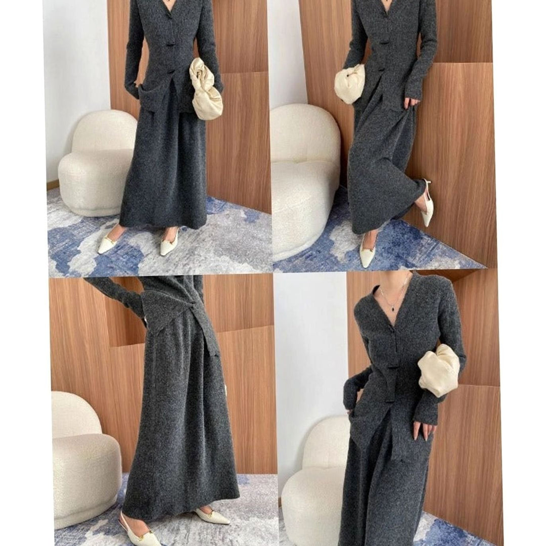 Women's V-Neck Button-Front Long-Sleeve Knit Maxi Sweater Dress