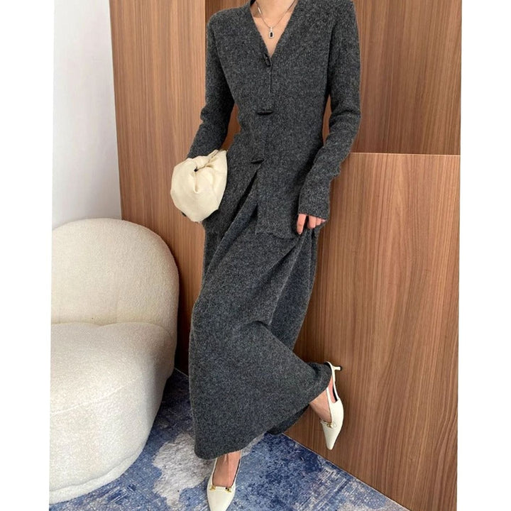 Women's V-Neck Button-Front Long-Sleeve Knit Maxi Sweater Dress - Dark Gray