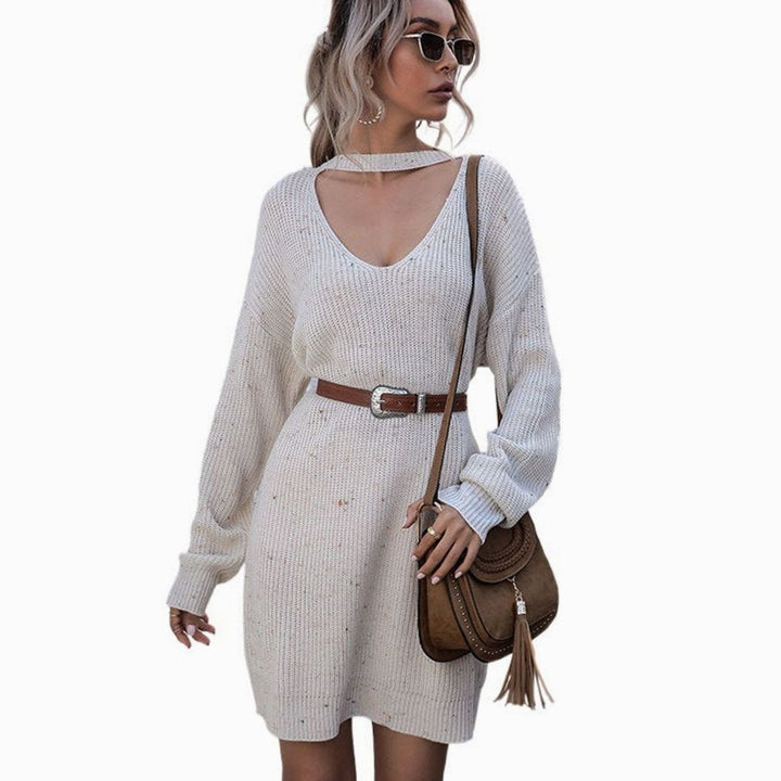 Women's V-Neck Choker Long Sleeve Knit Sweater Dress, Off White