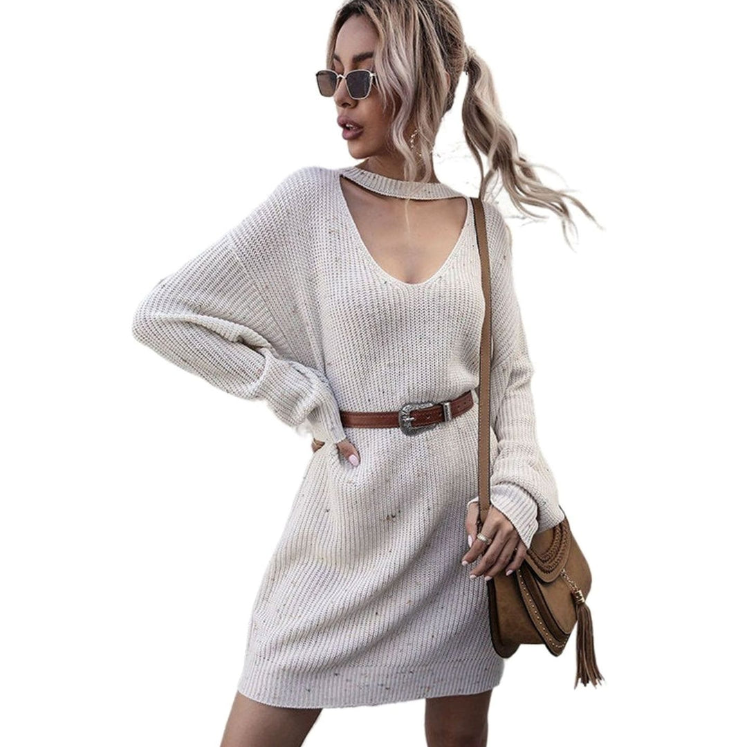 Women's V-Neck Choker Long Sleeve Knit Sweater Dress, Off White