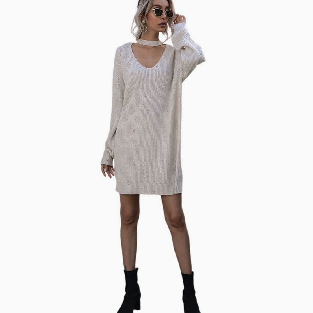 Women's V-Neck Choker Long Sleeve Knit Sweater Dress, Off White
