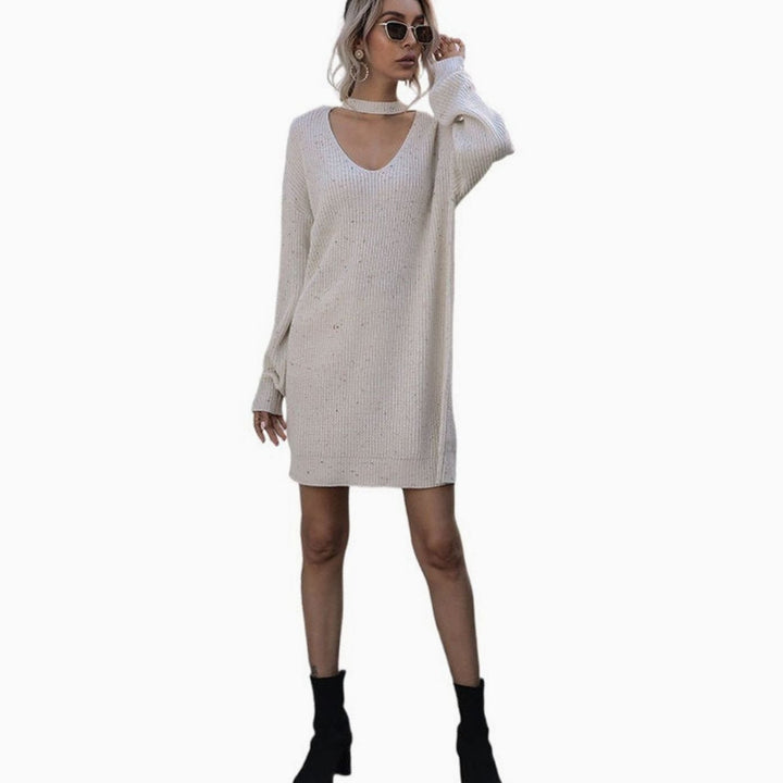 Women's V-Neck Choker Long Sleeve Knit Sweater Dress, Off White