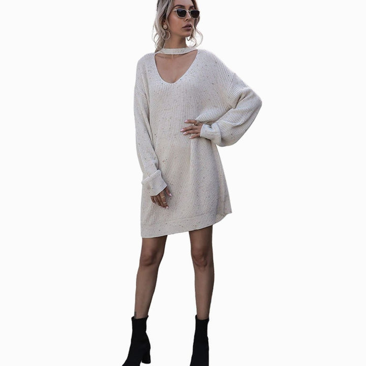 Women's V-Neck Choker Long Sleeve Knit Sweater Dress, Off White