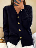 Amelia | Women's V-Neck Gold Heart-Button Knit Cardigan Sweater