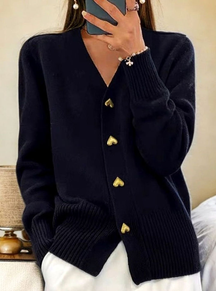 Women's V-Neck Gold Heart-Button Knit Cardigan Sweater - Black