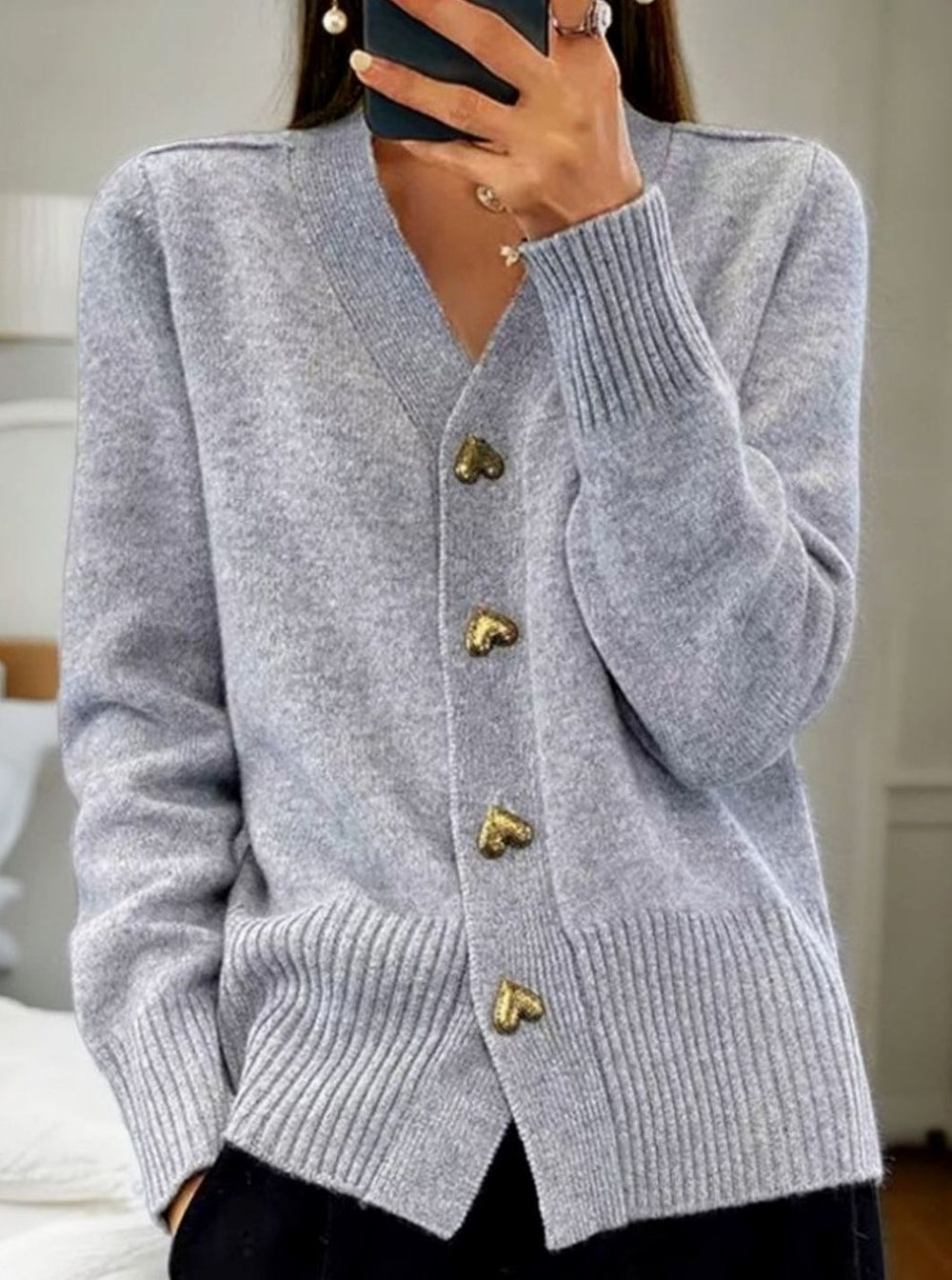Women's V-Neck Gold Heart-Button Knit Cardigan Sweater - Gray