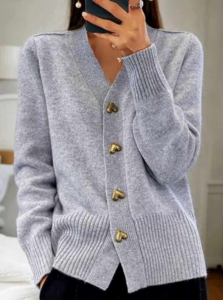 Women's V-Neck Gold Heart-Button Knit Cardigan Sweater - Gray
