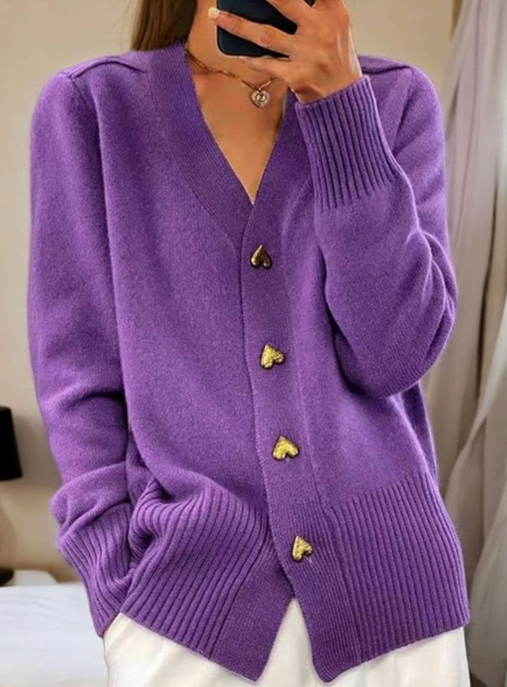Women's V-Neck Gold Heart-Button Knit Cardigan Sweater - Purple