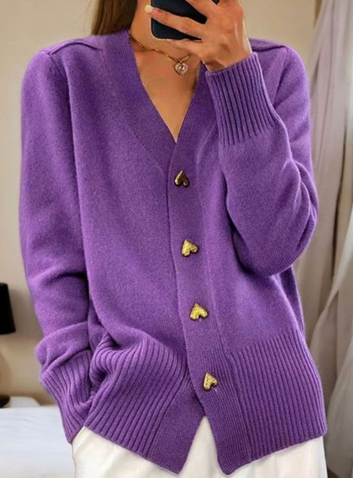 Women's V-Neck Gold Heart-Button Knit Cardigan Sweater - Purple