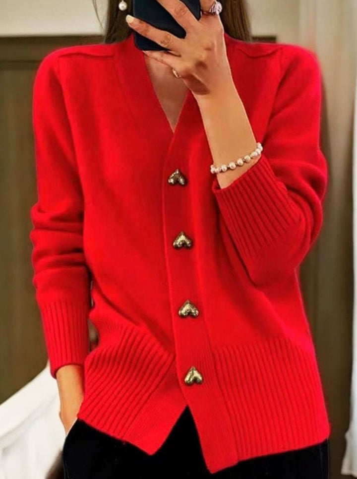 Women's V-Neck Gold Heart-Button Knit Cardigan Sweater - Red